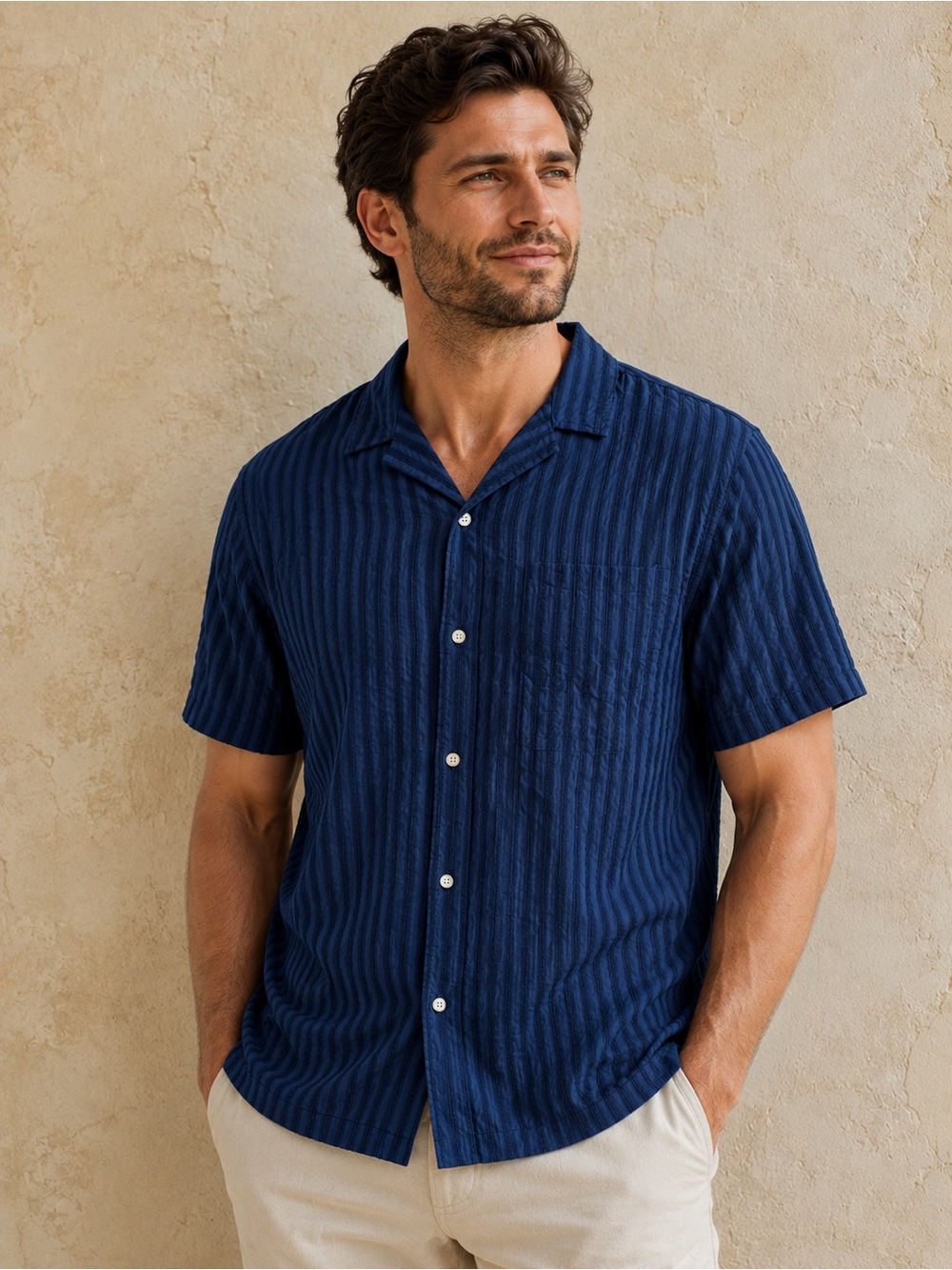 NWT Folk Navy Striped Short-Sleeve Button-Down Shirt large